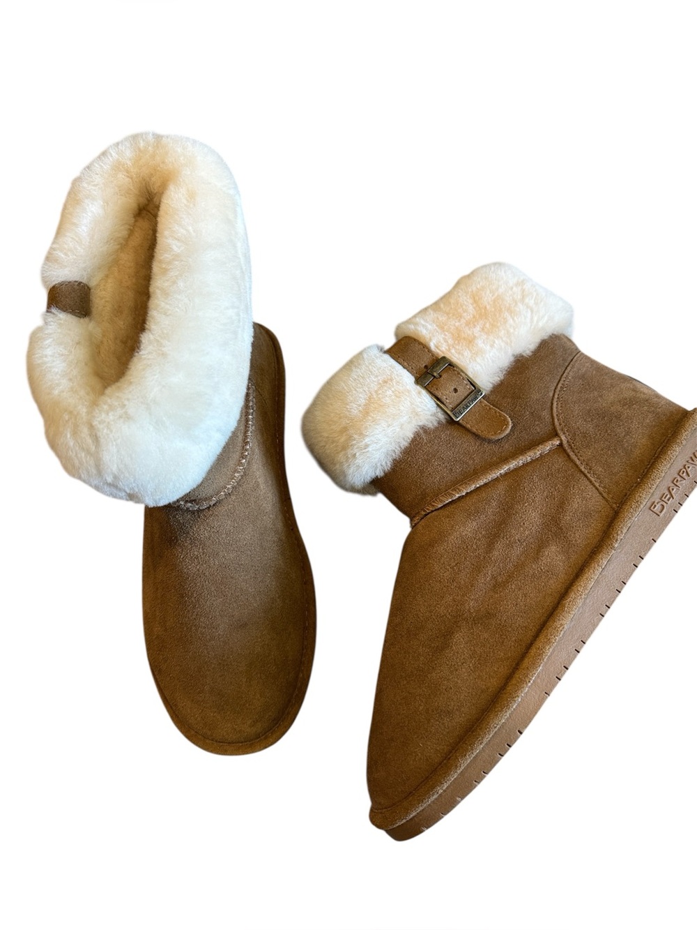 BEARPAW Abby Boots Hickory Suede Sheepskin Collar Buckle Size 11 like new